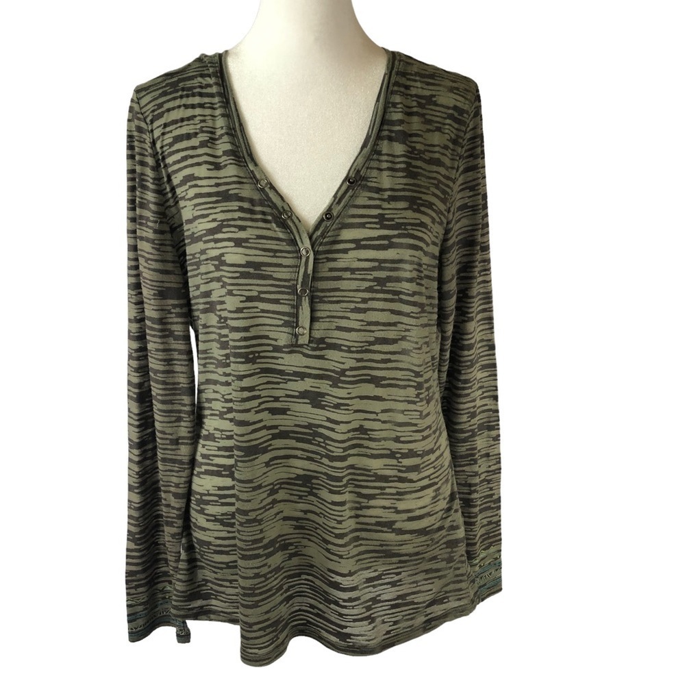 Athleta Half Snap Top Women XL Green Black Space Dyed Fabric Cotton Poly Blend